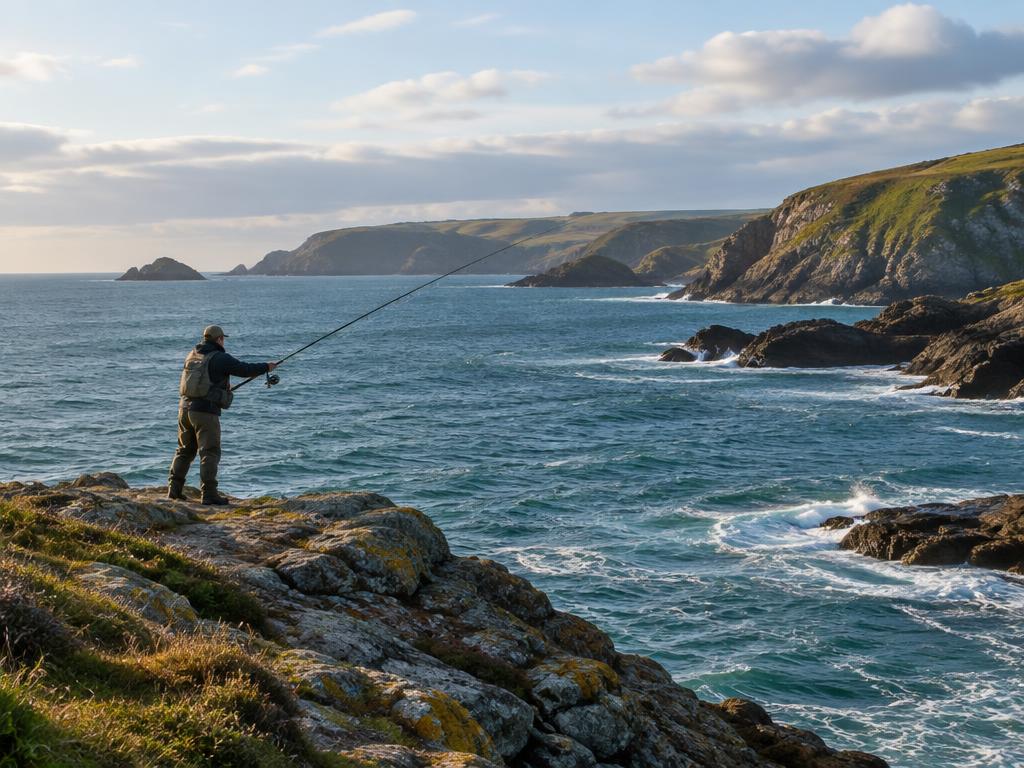 Shore angler fishing from rocky coast